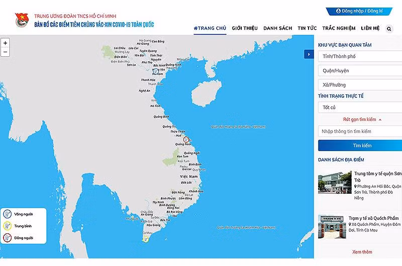 Giao diện “Bản đồ các điểm tiêm chủng vắc xin COVID-19 toàn quốc”. Hoạt động tại địa chỉ bandotiemchung.doanthanhnien.vn. 