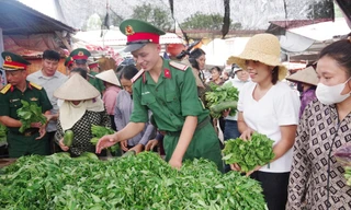 Các chiến sĩ quân đội vận chuyển rau xanh đến “Phiên chợ 0 đồng – San sẻ yêu thương” để trao tặng người dân xã Tiên Lục.