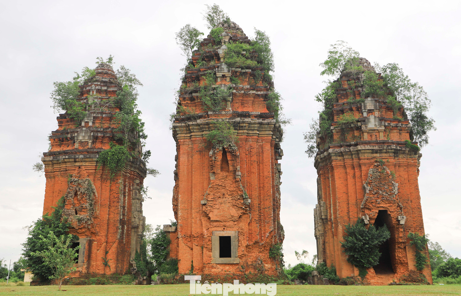 Tháp giữa cao 39 m, hai tháp bên cao 32 m và 33 m. Cả ba ngôi tháp Dương Long có hình dáng gần giống nhau như cùng nằm thẳng hàng theo trục Bắc - Nam, cửa chính quay về hướng đông. Ảnh: Trương Định. Tháp giữa cao 39 m, hai tháp bên cao 32 m và 33 m. Cả ba ngôi tháp Dương Long có hình dáng gần giống nhau như cùng nằm thẳng hàng theo trục Bắc - Nam, cửa chính quay về hướng đông. Ảnh: Trương Định.