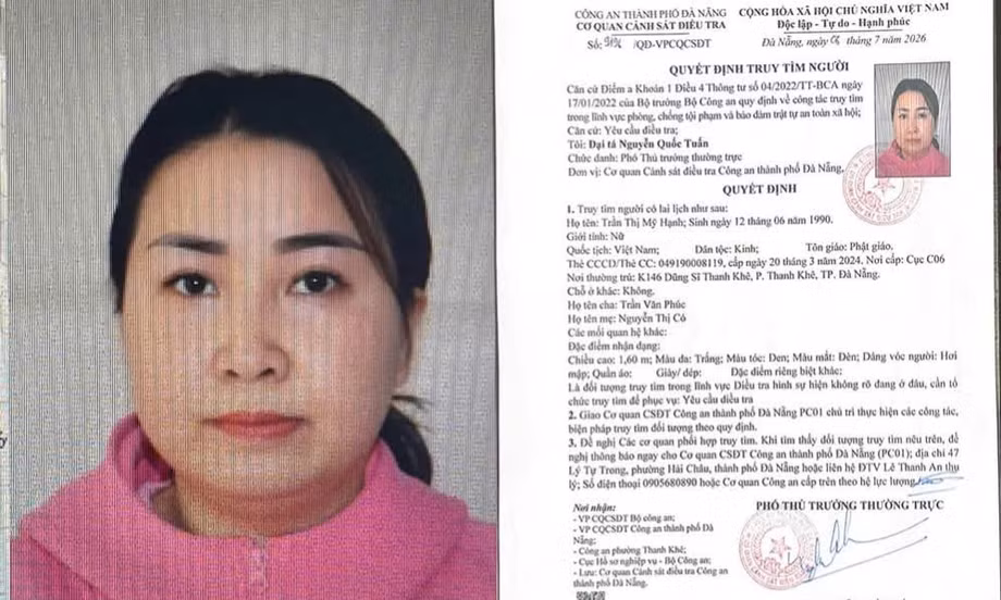 Công an TP Đà Nẵng đã phát thông báo truy tìm Trần Thị Mỹ Hạnh để phục vụ công tác điều tra