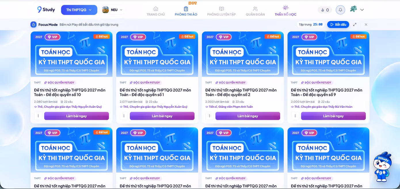 Giao diện kho đề của kì thi THPT trên nền tảng 9Study