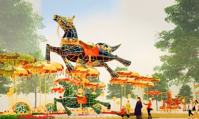 Đại cảnh “Giang sơn cẩm tú” với hình ảnh các con ngựa đại diện cho 3 địa phương sáp nhập là Bình Dương, TPHCM và Bà Rịa- Vũng Tàu