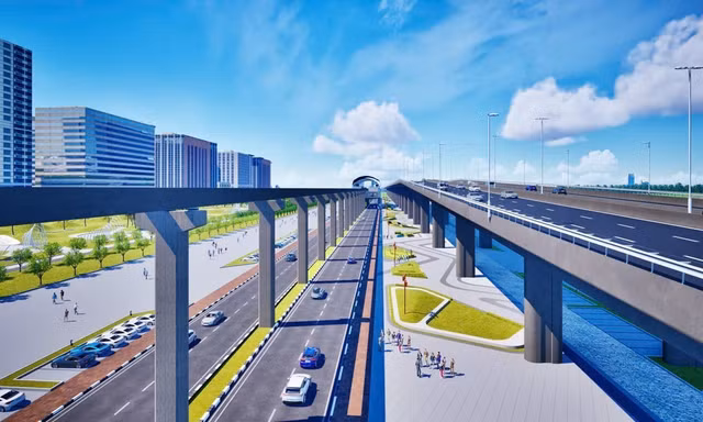 Phối cảnh trục cảnh quan sông Hồng gồm cả đương cao tốc và đường sắt đô thị 1 ray