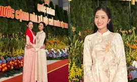 Hai Hoa hậu Việt Nam Thanh Thủy và Trúc Linh khoe sắc tại sự kiện cấp Nhà nước