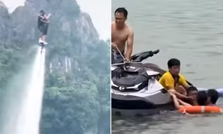 Biểu diễn flyboard tại hồ núi Lớ Ninh Bình với người chơi bay trên mặt nước