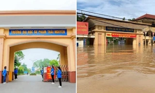 Cổng trường ĐHSP Thái Nguyên trước và trong ngập lụt cho thấy nước sâu đến đâu