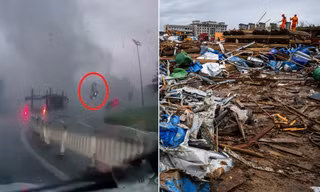 Khoảnh khắc camera ghi lại chiếc xe gặp lốc xoáy trên đường.