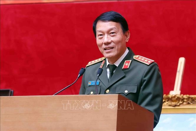Đại tướng Lương Tam Quang, Uỷ viên Bộ Chính trị, Bí thư Đảng uỷ Công an Trung ương, Bộ trưởng Bộ Công an phát biểu. Ảnh: Phạm Kiên/TTXVN