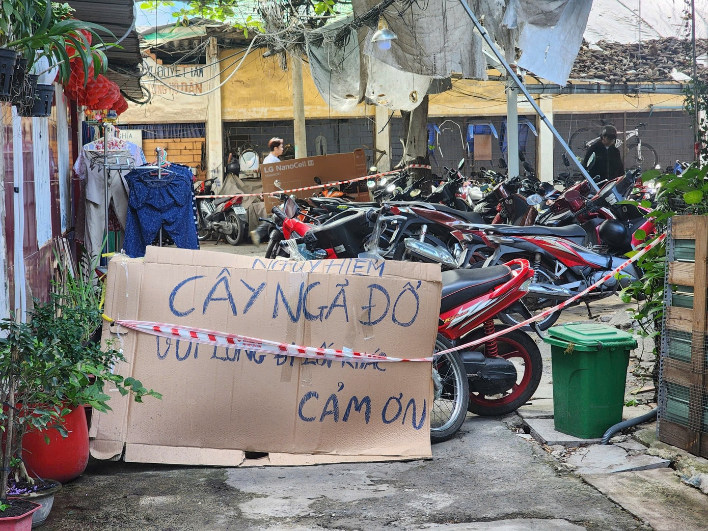 Người dân đặt cảnh báo nơi cây gòn bật gốc. Ảnh: CH