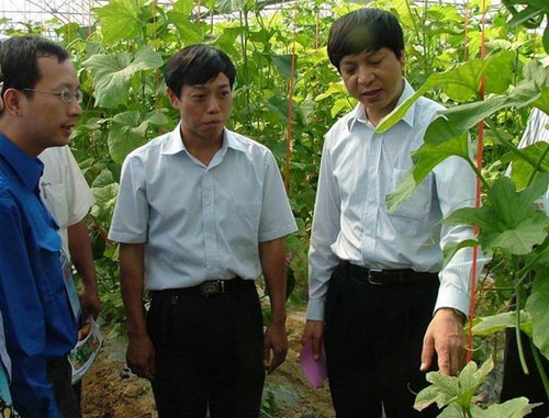 Bí thư Trung ương Đoàn TNCS HCM Đoàn Văn Thái (bên phải) - Trưởng đoàn đại biểu thanh niên VN đang thăm “Vườn mẫu nông nghiệp hiện đại Long Đầu, Phù Tuy”