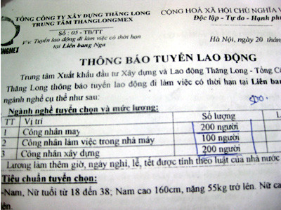 Thông báo tuyển lao động của Tổng Cty Xây dựng Thăng Long / Ảnh: Phong Cầm