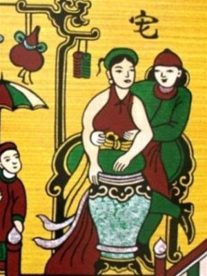 Tranh dân gian ghi lại trò chơi “Bắt chạch trong chum” ở Vĩnh Phúc. Tham gia trò chơi là những đôi nam nữ. Họ phải vừa ôm nhau vừa bắt chạch. Đôi nào bắt được trước thì thắng.