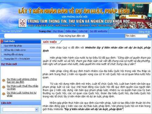 Giao diện địa chỉ http://duthaoonline.quochoi.vn