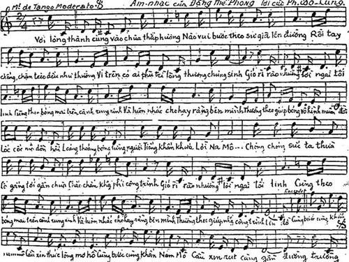 Bản nhạc “Gắng bước lên chùa” (nhạc Đặng Thế Phong, lời Phạm Cao Củng) in trên báo Tin Mới ra ngày 27/2/1940