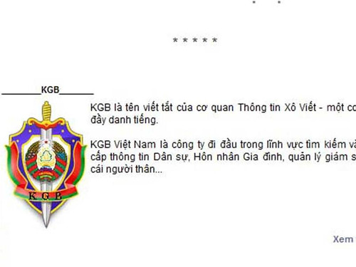 Trang web của Cty Thám tử KGB đăng cả logo của cơ quan tình báo KGB –Liên Xô cũ. Ảnh T.H.V Trang web của Cty Thám tử KGB đăng cả logo của cơ quan tình báo KGB –Liên Xô cũ. Ảnh T.H.V