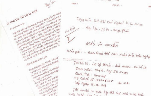 Giấy ủy quyền của ông Lê Cự Phách (nhà thơ Du Tử Lê) nhờ ông Bùi Tấn Tiến (nhà thơ Nguyễn Liên Châu) thực hiện thủ tục xin phép xuất bản Giấy ủy quyền của ông Lê Cự Phách (nhà thơ Du Tử Lê) nhờ ông Bùi Tấn Tiến (nhà thơ Nguyễn Liên Châu) thực hiện thủ tục xin phép xuất bản