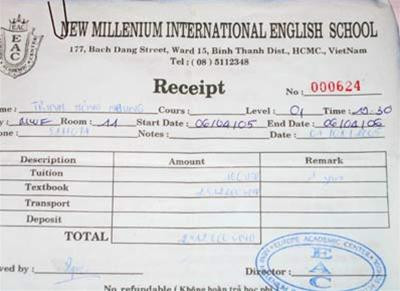 Biên lai học phí của học viên Trịnh Hồng Nhung với số tiền trên 2,5 triệu đồng Biên lai học phí của học viên Trịnh Hồng Nhung với số tiền trên 2,5 triệu đồng