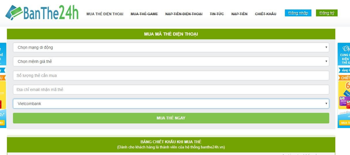 Banthe24h.vn chiết khấu cao khi mua thẻ điện thoại qua online Vietcombank