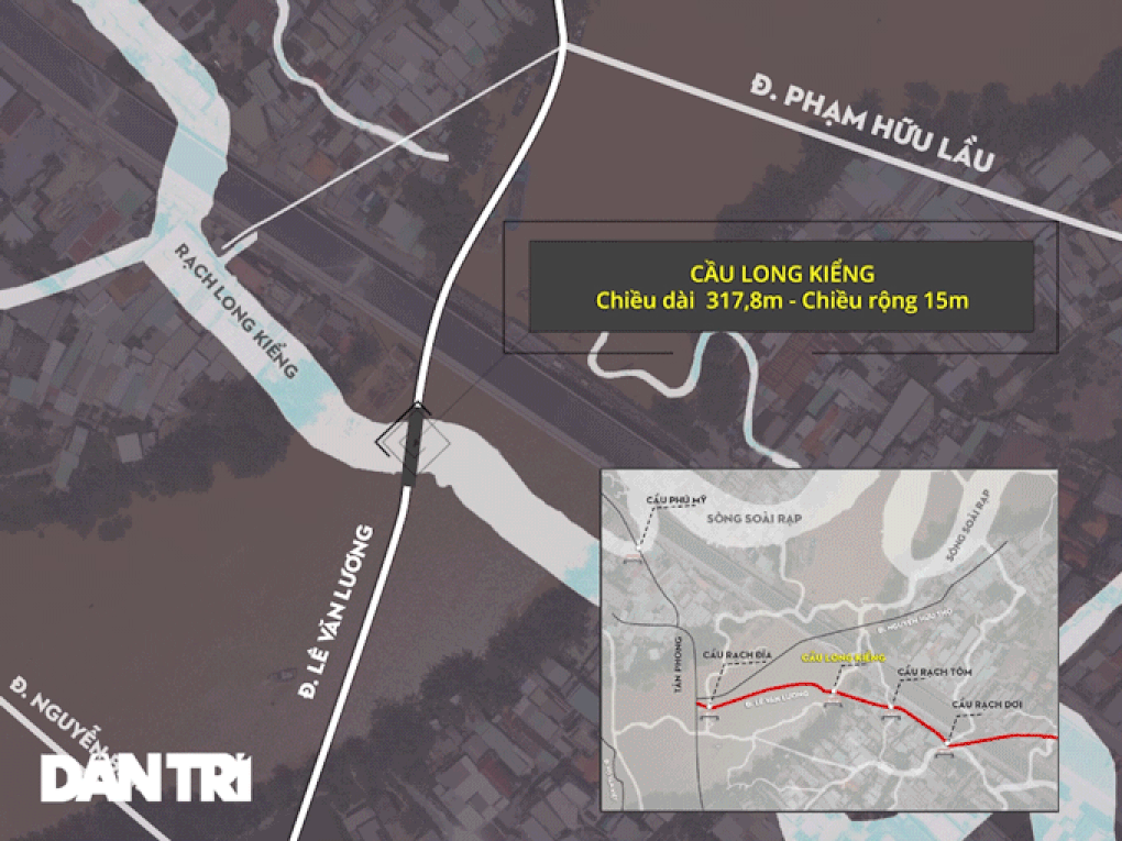 Vị trí cầu Long Kiểng trên tuyến đường Lê Văn Lương, huyện Nhà Bè. (Đồ họa: Ngà Trịnh).