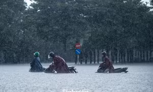Mỹ Đình lại ngập sâu sau mưa lớn: người trẻ đi làm sớm 2 tiếng vẫn bất lực chôn chân trong biển nước