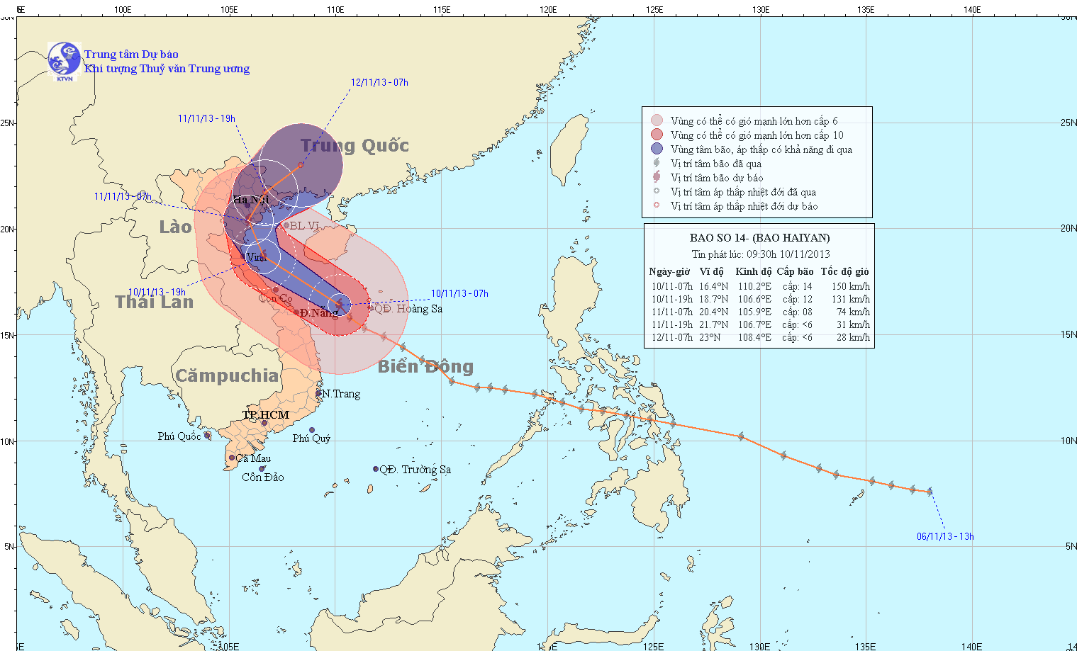 Hình ảnh đường đi của bão dự báo lúc 9h30 sáng 10/11.