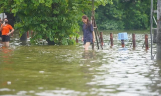 Đường và hồ 'hòa làm một' sau mưa lớn, người dân lấy cọc làm mốc để lội về nhà