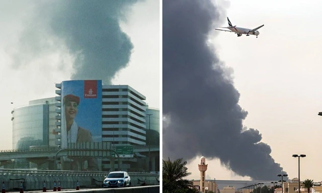 Khói bốc lên sau khi sân bay quốc tế Dubai bị UAV Iran tấn công. Ảnh: PYOK.