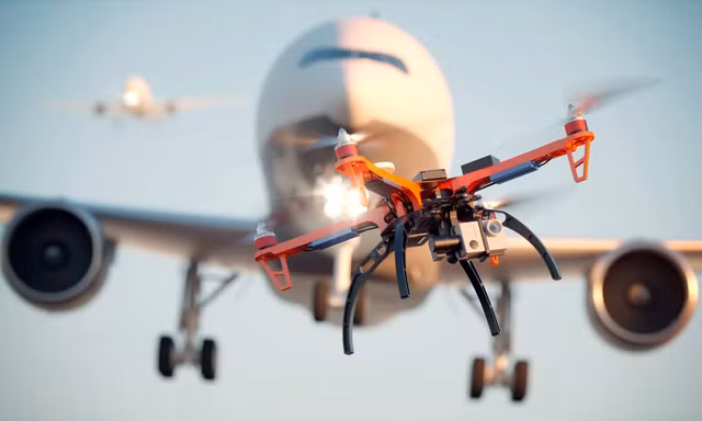 Drone có thể trở thành vật cản trên đường băng, va vào thân máy bay hoặc gây nguy hiểm nếu bị hút vào động cơ. Ảnh: Robin Radar Systems.