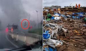 Khoảnh khắc camera ghi lại chiếc xe gặp lốc xoáy trên đường.