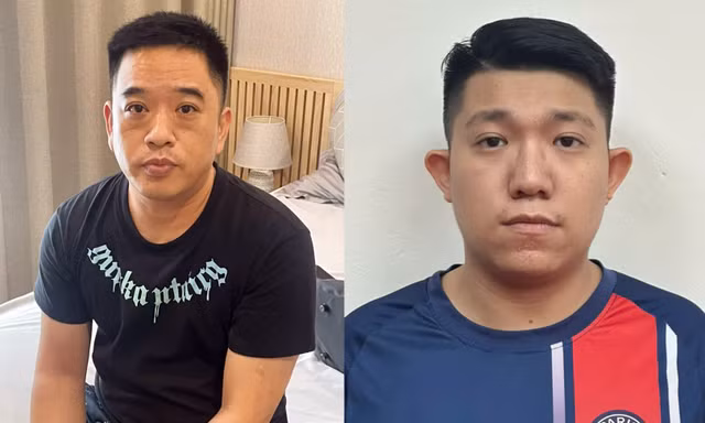 Huang Lee Min (quốc tịch Trung Quốc, trái ảnh) và bị can Lê Trung Hiếu tại cơ quan điều tra. 