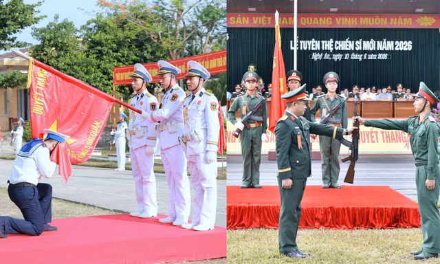 Chiến sĩ mới nhận vũ khí và tuyên thệ dưới Quân kỳ Quyết thắng 