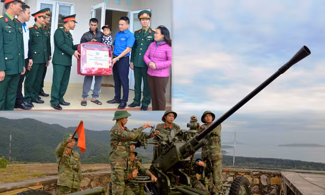 Đoàn công tác trao tặng quà cho nhân dân trên đảo Trần (ảnh nhỏ) và chiến sĩ Đại đội pháo cao xạ 37, Tiểu đoàn Đảo Ngọc Vừng huấn luyện chiến đấu phòng không.