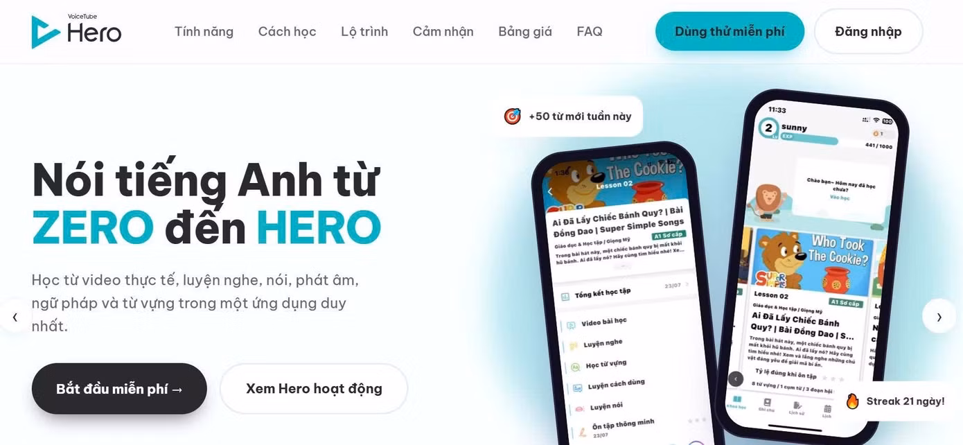 Giao diện của VoiceTube Hero
