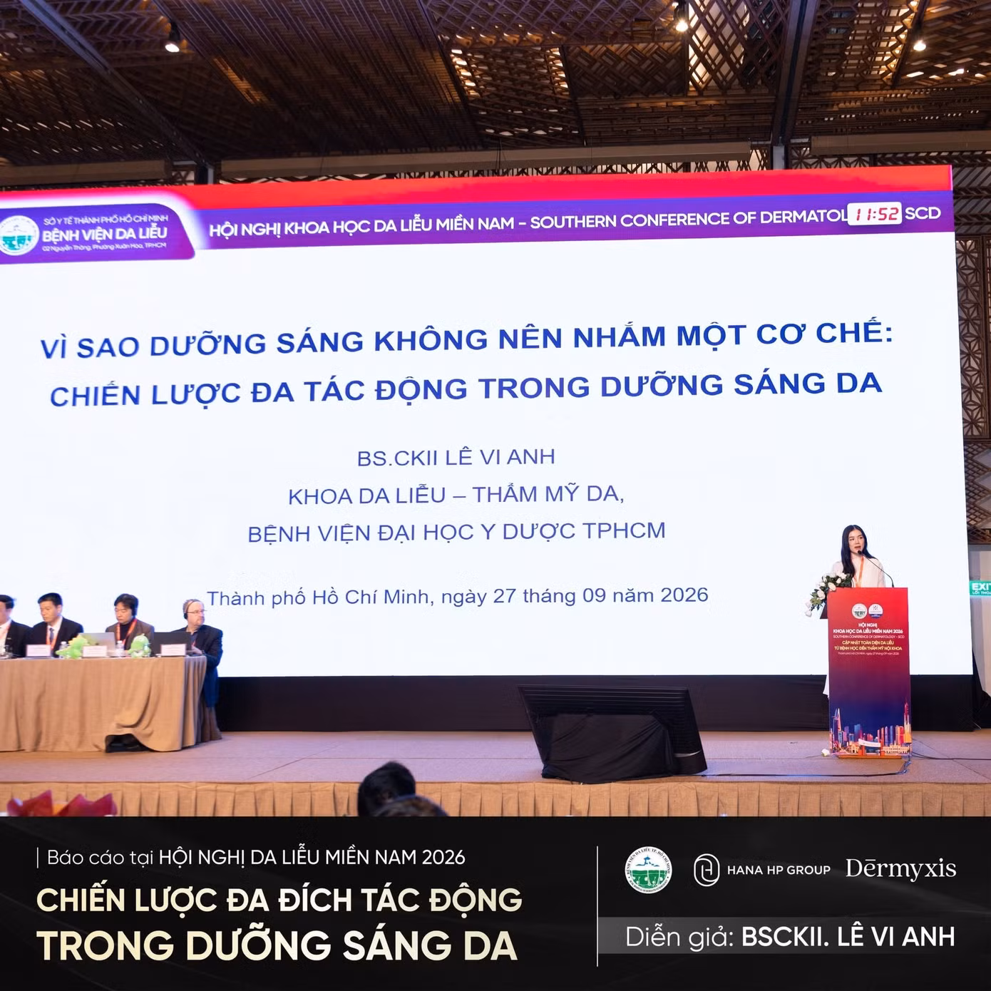 BS.CKII Lê Vi Anh trình bày phiên báo cáo “Chiến lược đa đích tác động trong dưỡng sáng da” tại Hội nghị Da liễu Miền Nam 2026.