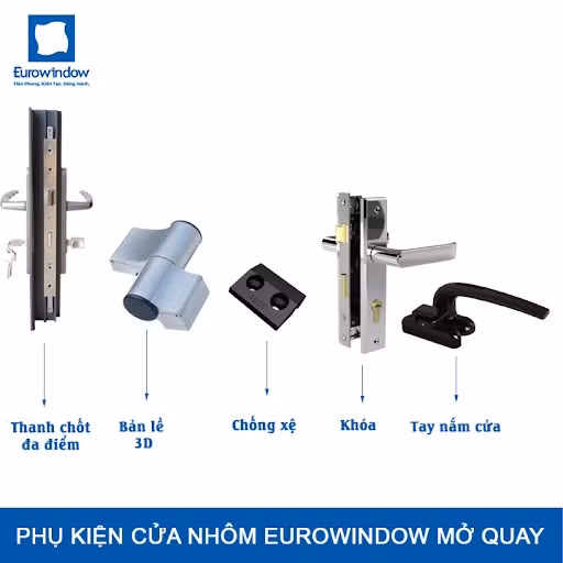 Hệ phụ kiện kim khí nhập khẩu đồng bộ châu Âu cùng bản lề 3D linh hoạt giúp cửa Eurowindow không bị xệ cánh hay xộc xệch sau nhiều năm sử dụng.