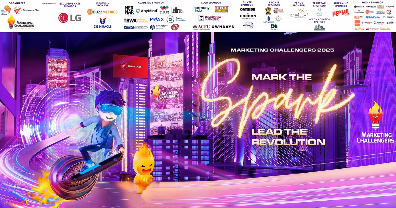 Poster chính thức của Marketing Challengers 2025 với thông điệp “Mark the Spark, Lead the Revolution”, nhấn mạnh tinh thần đổi mới sáng tạo của mùa giải.