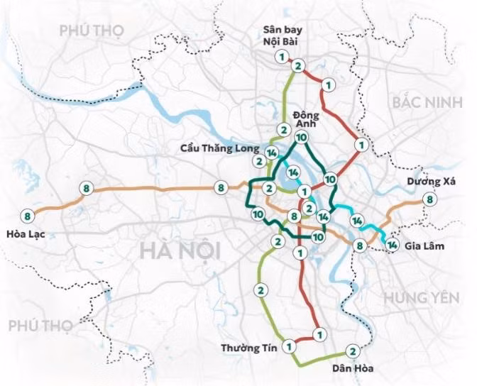 Sơ đồ 5 tuyến metro Hà Nội khởi công tháng 6/2026, trong đó tuyến số 8 kết nối từ Hoà Lạc qua Ocean City tới Dương Xá và tuyến 14 kết nối cầu Thăng Long tới Gia Lâm (Ảnh: VTV)