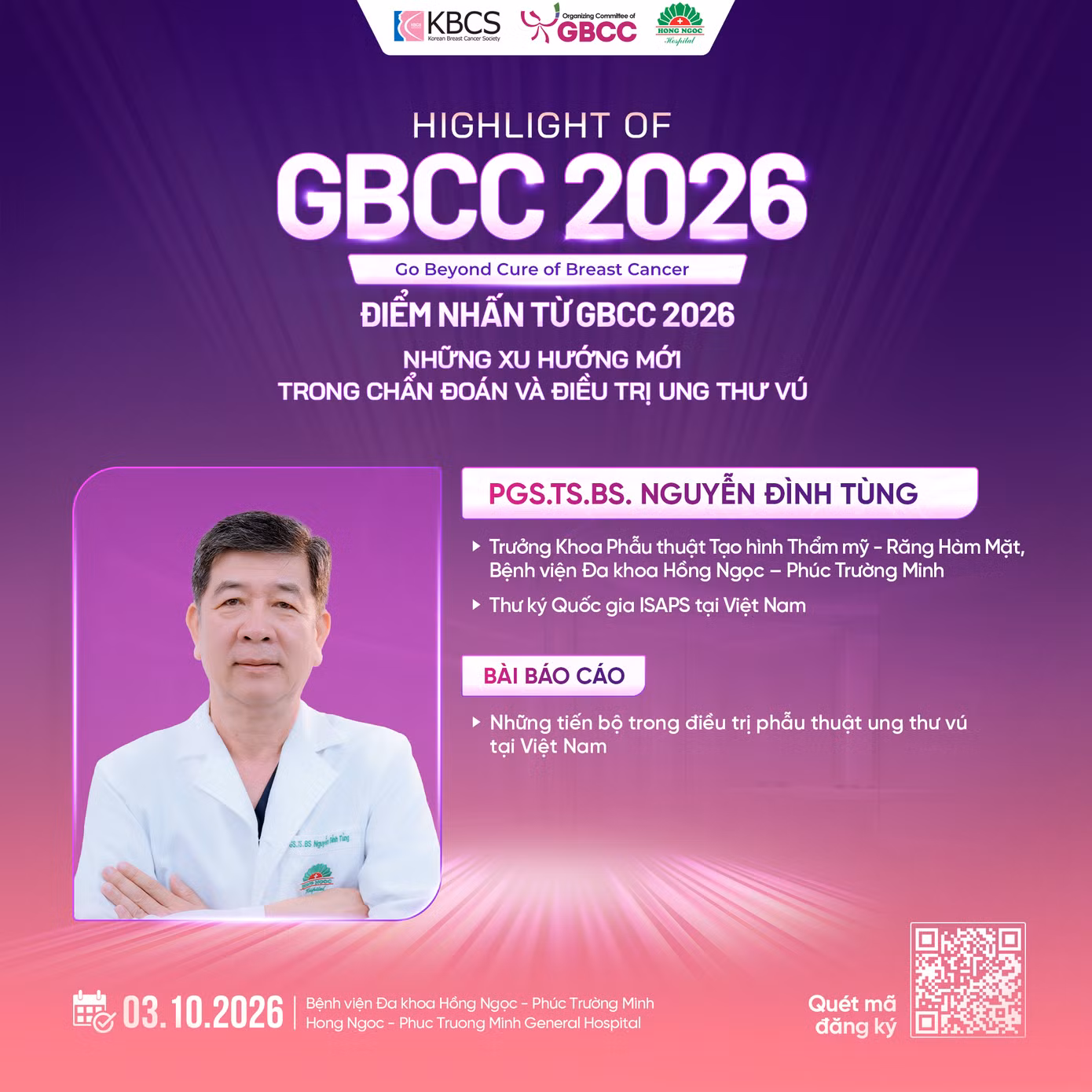 PGS.TS.BS Nguyễn Đình Tùng sẽ trình bày báo cáo “Những tiến bộ trong điều trị Phẫu thuật Ung thư Vú tại Việt Nam”.