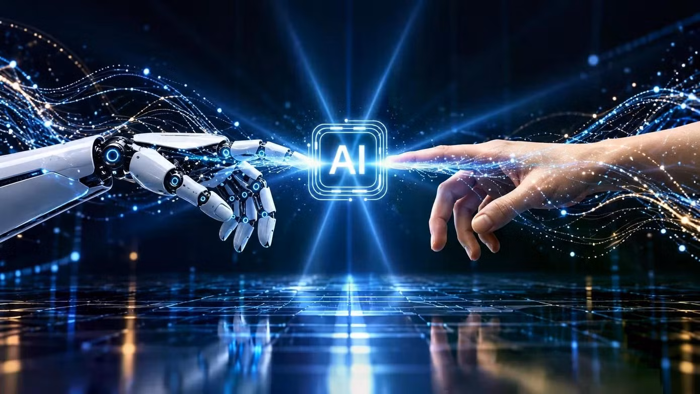 Màn múa tương tác LED kết hợp hình ảnh robot ảo và hiệu ứng chữ AI, tạo điểm nhấn công nghệ cho chương trình. Ảnh: Ban Tổ chức.