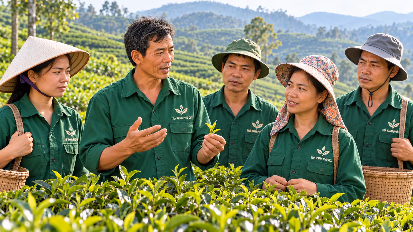 Hình ảnh ông Tô Văn Phú trao đổi tuyển chọn trà cùng với bà con đang thu hái chè