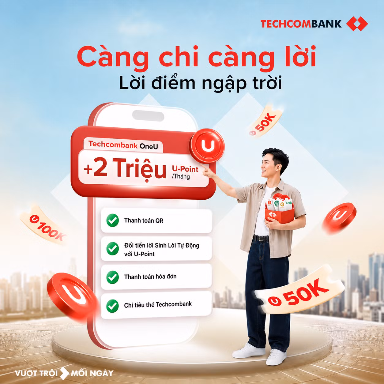 Tích điểm linh hoạt với Chương trình Khách hàng thân thiết Techcombank OneU.