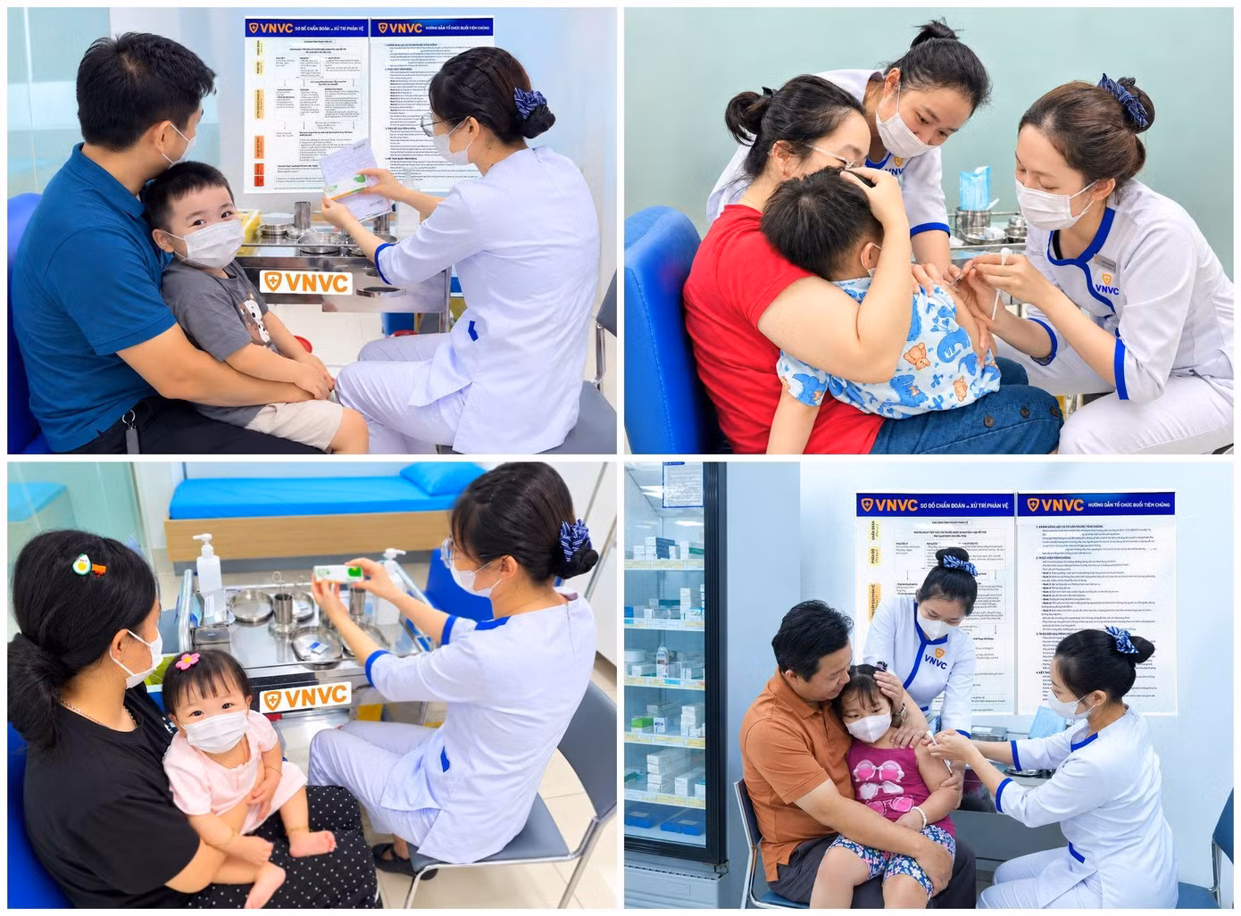 Bé Tiêu Phương Anh (ảnh dưới, góc trái) hơn 9 tháng tuổi được ba mẹ đưa đến VNVC Cà Mau tiêm vắc xin tay chân miệng sáng 10/10. Ảnh: Kiều Diễm