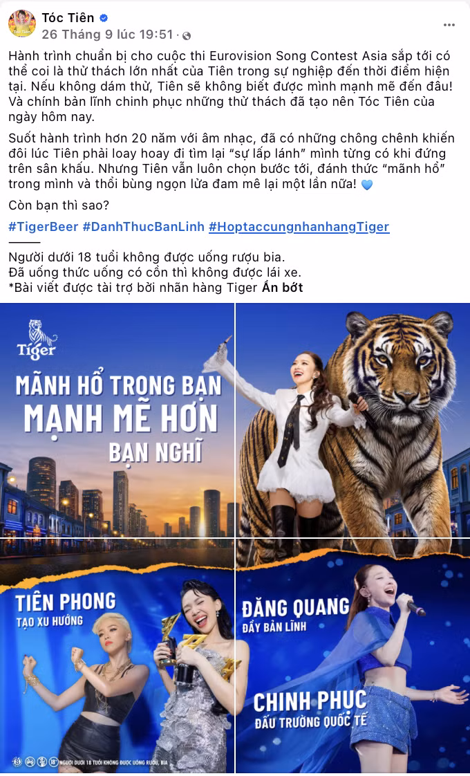 Đứng trước băn khoăn về hành trình sự nghiệp phía trước, Tóc Tiên không giấu được những giây phút chần chừ. Nhưng thay vì để sự hoài nghi kìm hãm hay dậm chân tại chỗ, cô chọn cách làm mới bản thân. Bằng bản lĩnh dám thay đổi, từ chối vùng an toàn để dấn thân vào thử thách “Chị Đẹp Đạp Gió 2024”, cô đã thành công đánh thức lại “lửa nghề”. Giờ đây, chính tinh thần bản lĩnh tiến bước ấy tiếp tục trở thành ngọn hải đăng dẫn lối Tóc Tiên để cô kiêu hãnh vươn ra biển lớn, tự tin đại diện cho “thanh âm nước nhà” tại đấu trường quốc tế Eurovision Song Contest Asia.