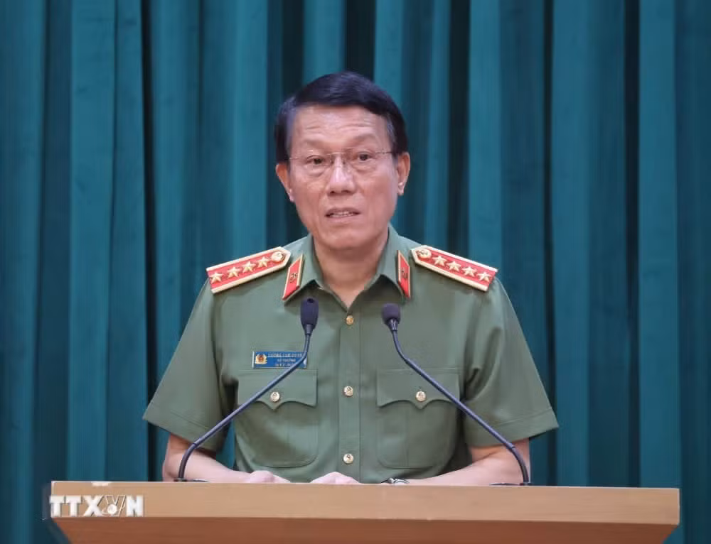 Đại tướng Lương Tam Quang, Ủy viên Bộ Chính trị, Bí thư Đảng ủy Công an Trung ương, Bộ trưởng Bộ Công an phát biểu. (Ảnh: Thống Nhất/TTXVN)