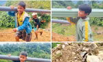 Thanh niên cùng người dân lội bộ đường rừng cõng vật liệu về làng