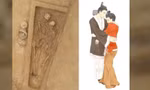 Hai bộ hài cốt trong tư thế ôm nhau và mô phỏng minh họa.