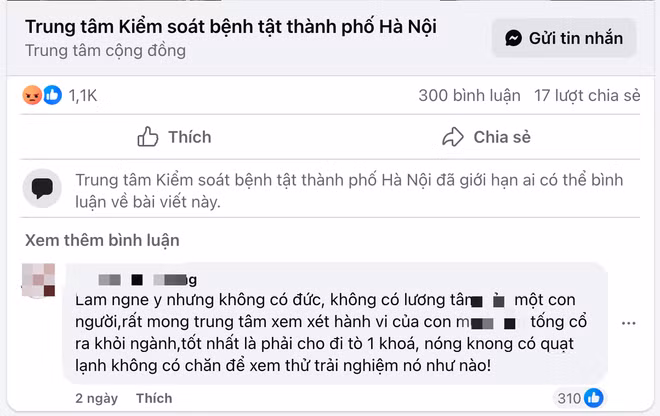 CDC Hà Nội đã phải khóa tính năng bình luận do một nữ nhân viên đơn vị này liên quan vụ mẹ kế bạo hành con chồng gây phẫn nộ dư luận xã hội những ngày qua
