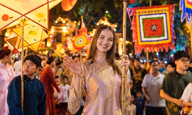 Khách Tây mê mẩn sắc màu Trung thu bên hồ Hoàn Kiếm