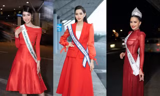 Trang phục ra sân bay đi thi quốc tế của Ngọc Châu trùng hợp với Đỗ Thị Hà và Phương Anh