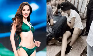 Hình ảnh Hoa hậu Lê Hoàng Phương ngồi bệt ở công trường xây dựng được chú ý
